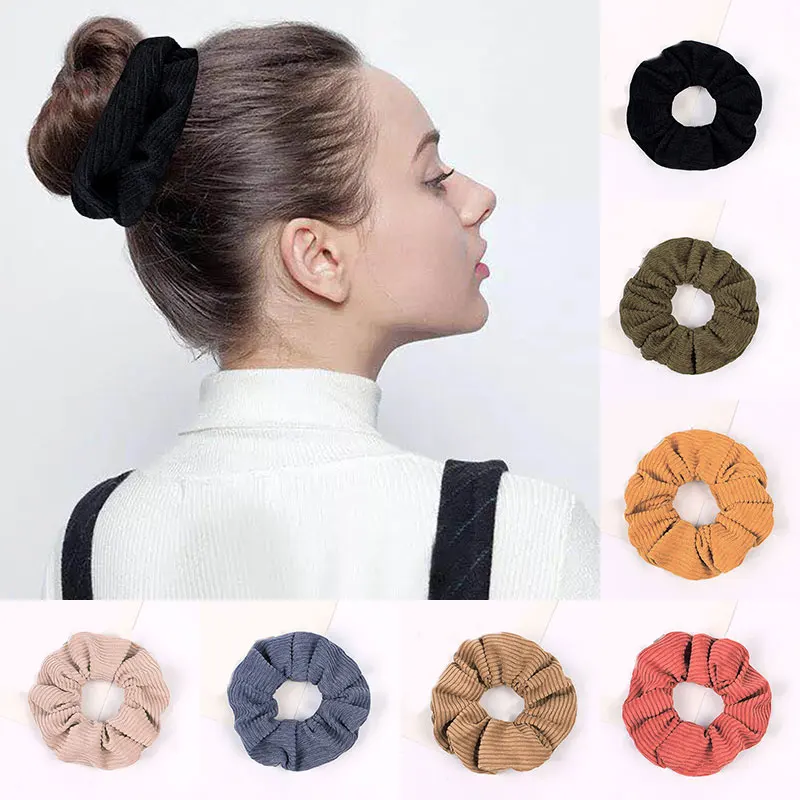 

2021 New Korean Solid Color Corduroy Stripe Hair Scrunchie Elastic Hair Bands Hair Accessories For Women Girls Ponytail Headwear