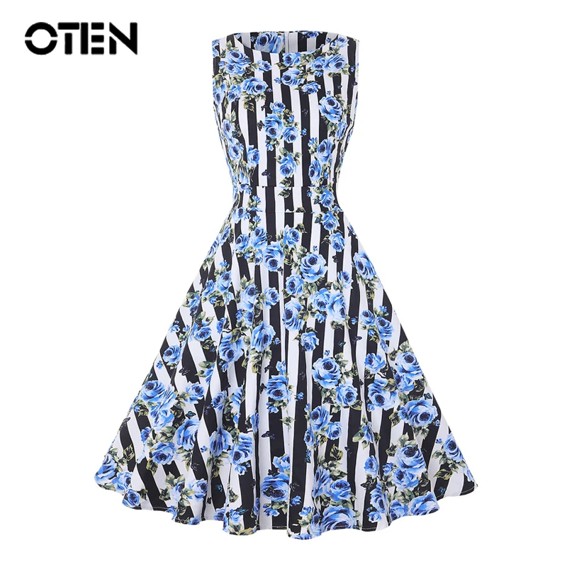 

OTEN Women Summer Floral Print Retro Vintage 50s 60s Casual Party Rockabilly Pin up Dress Ladies Elegant Dresses Plus Size xxxl