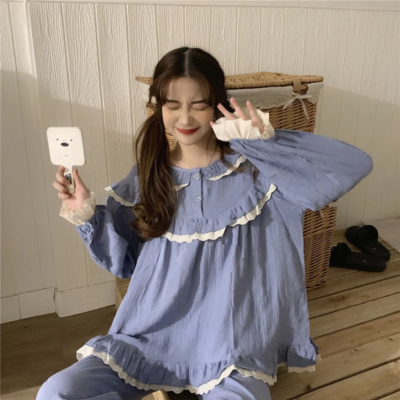 

Осенне-зимний новый мягкий милый пижамный комплект принцессы с длинным рукавом и оборками домашний костюм однотонные свободные штаны одеж...