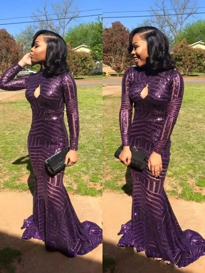 Sparkly Sequined Purple Long Mermaid Prom Dresses Sexy O Neck Sleeve Floor Length Formal Evening Gowns Party Dress | Свадьбы и