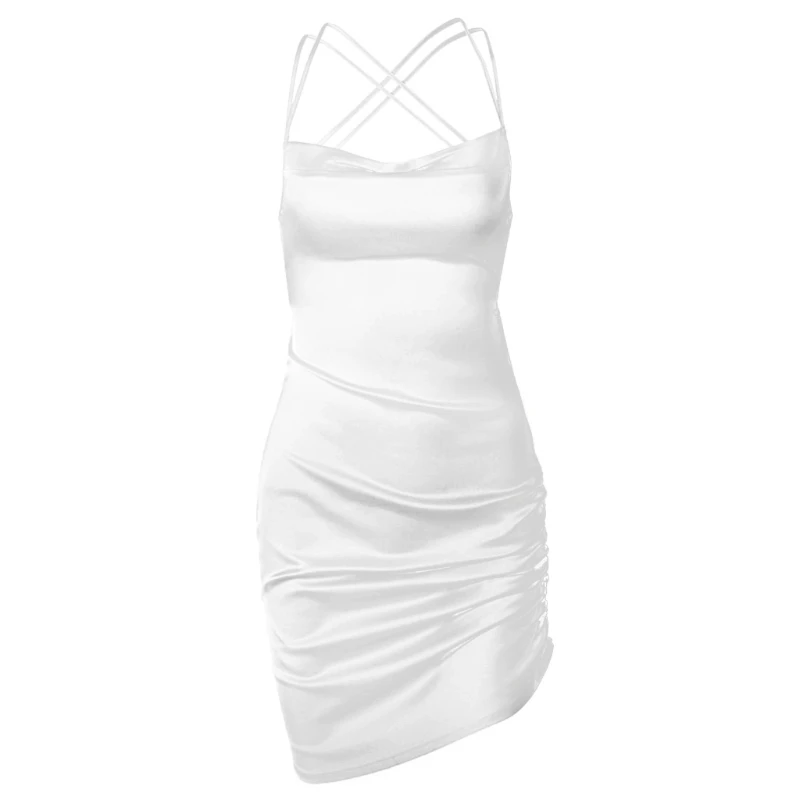 

Women Sexy Cross Backless Side Ruched Drawstring Satin Bodycon Mini Sling Dress LX9E