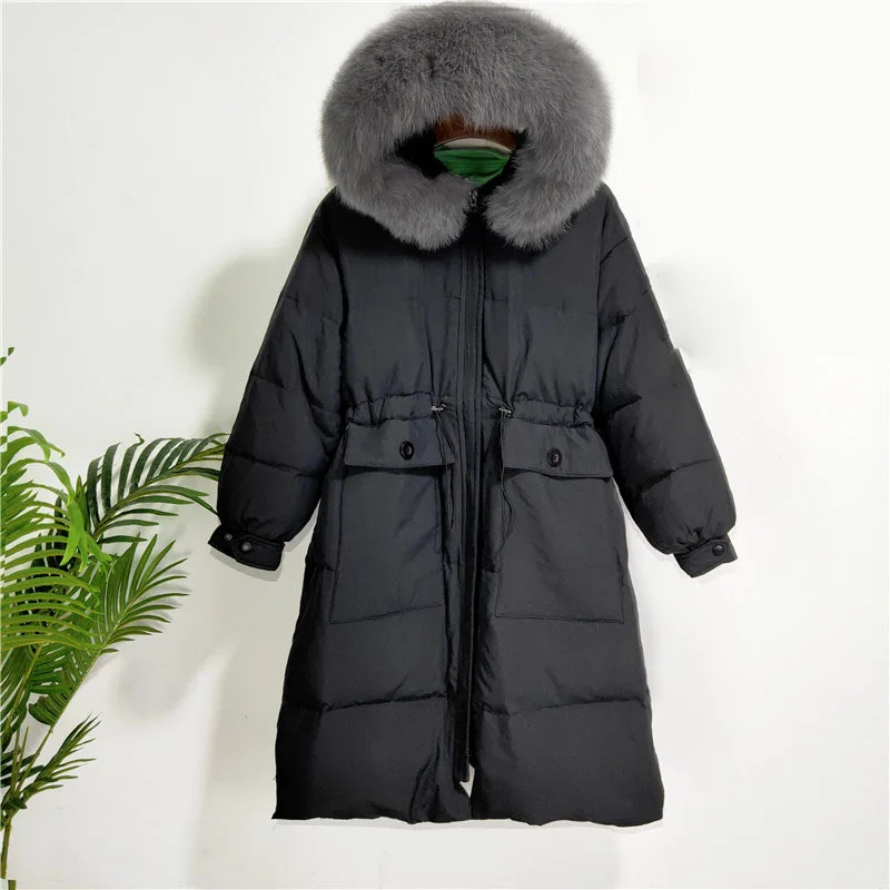 

Winter Artificial Fur Hooded Long Jacket Women White Duck Down Coat Loose Thick Parkas Snow Outwear Adjustable Waist