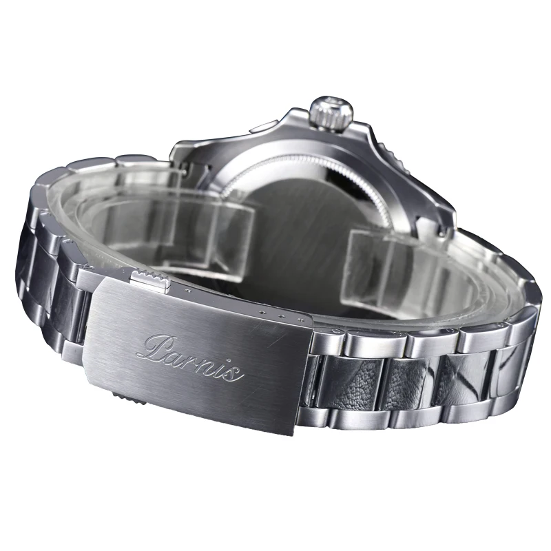 

Parnis Logo 40mm Automatic Men's Watches Black Red Bezel Stainless Steel Strap GMT Calendar Diver Men Mechanical Watch horloge
