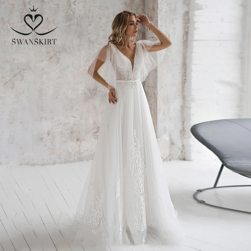 Модное фатиновое свадебное платье с аппликацией Платье для невесты NR08 v образным