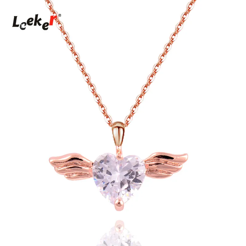 LEEKER милое Сердце ожерелье с крыльями из розового золота Цвет цепи прозрачным