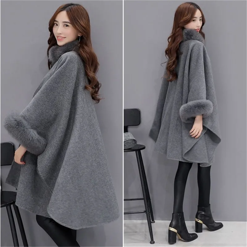 

Women Cloak Shawl Jacket Plus Size Female Winter Outwear New Bigsweety High Quality Women Fox Fur Collar Long Wool Coat Elegant
