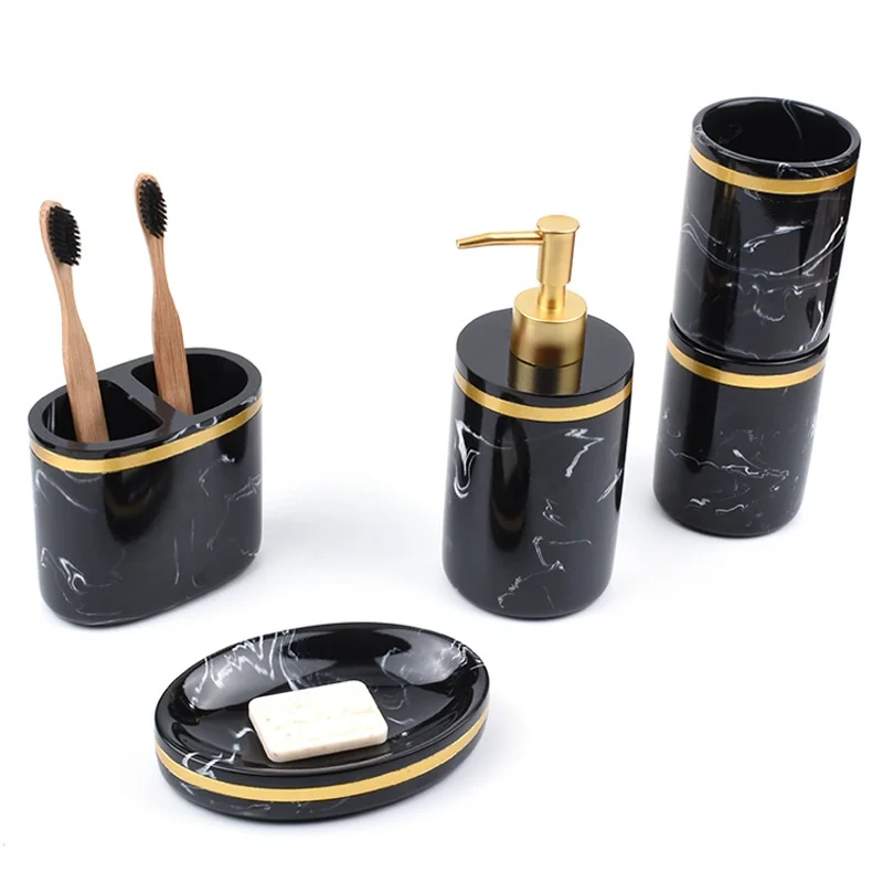 

5PCS Resin Bathroom Set Nordic Marble Pattern Toothbrush Holder Mouthwash Cup Soap Dish Liquid Soap Dispenser Household Wash Set