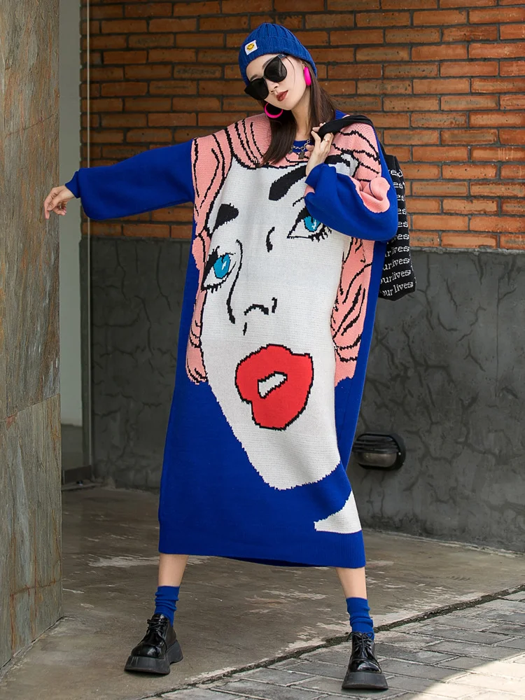 Vefadisa Spring Fashion Character Print Sweater Dress Women 2022 Long Sleeve Pullover Female Knitted QYF6221 | Женская одежда