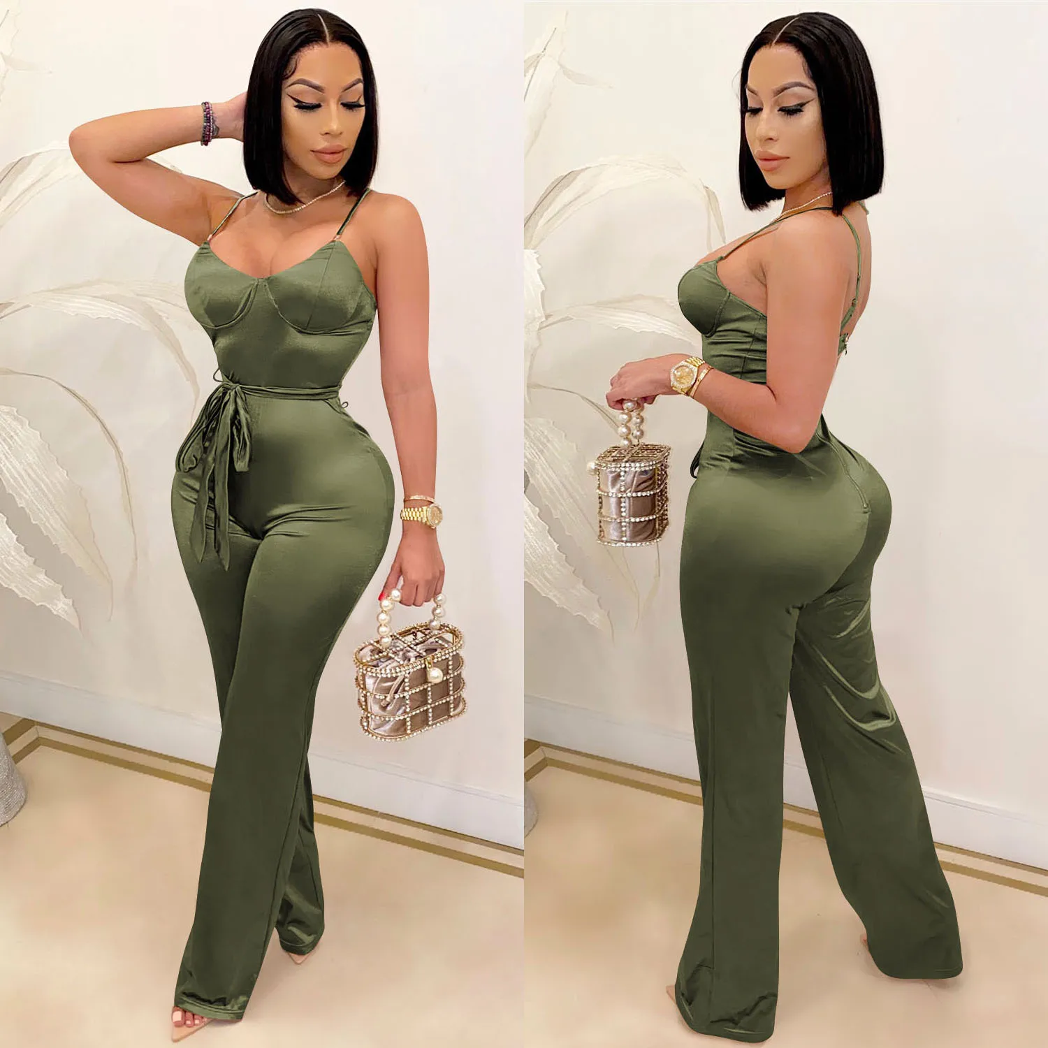 

New Women Spaghetti Strap Sleeveless Straight Jumpsuit Women Sexy Club Open Back High Waist Rompers One Piece Overalls Plus Size