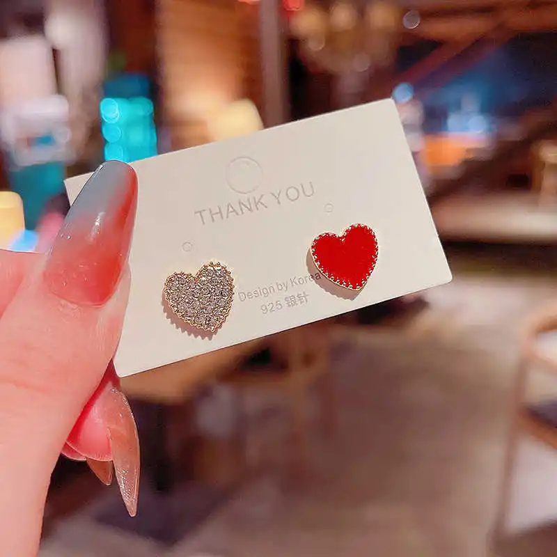 

925 silver needle Korean new asymmetric full diamond Love Earrings women's fashion temperament