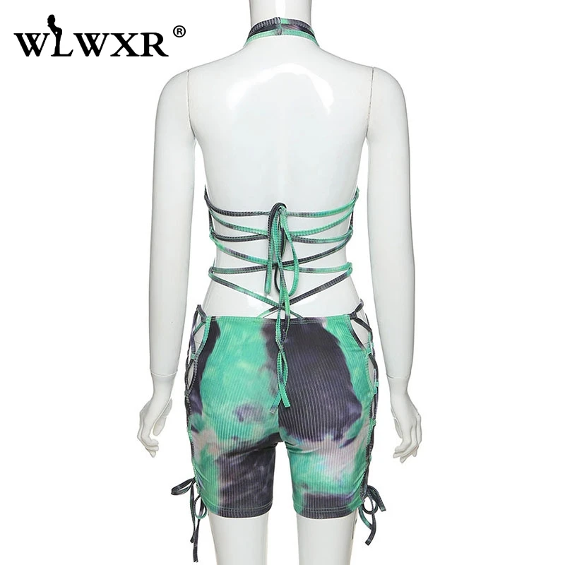 WLWXR сексуальный трикотажный Летний комбинезон на шнуровке с принтом в виде