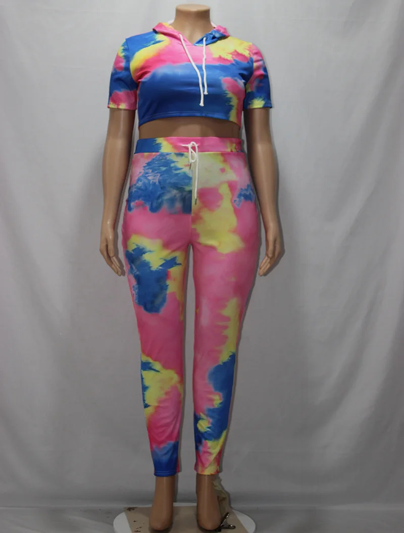 Plus size new women summer tie-dye Print Hooded top& long pants suit two piece set sporty tracksuits outfit GL1888