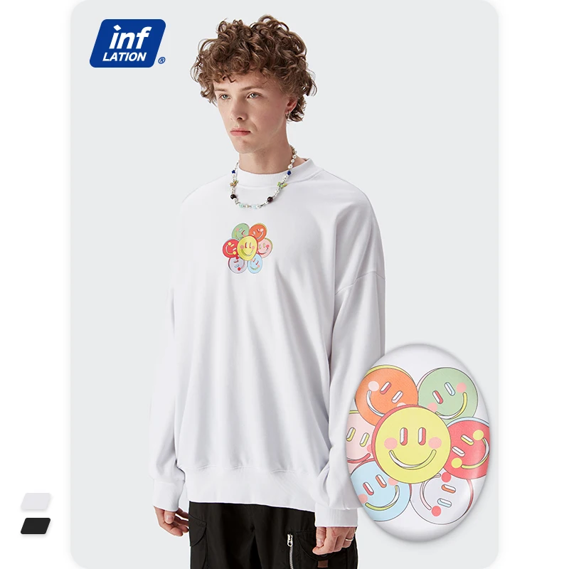 

INFLATION 2021 Fashion Casual Loose Sweatshirts Men Smile Graphic Cotton Pullovers Unisex Oversized Hip Hop Sweatshirts Male