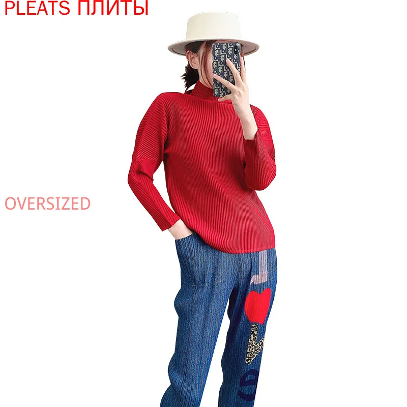 

Miyake Pleated Top Women's Long-sleeved High Neck 2021 Spring and Autumn New Loose and Versatile Bottoming T-shirt Pullover