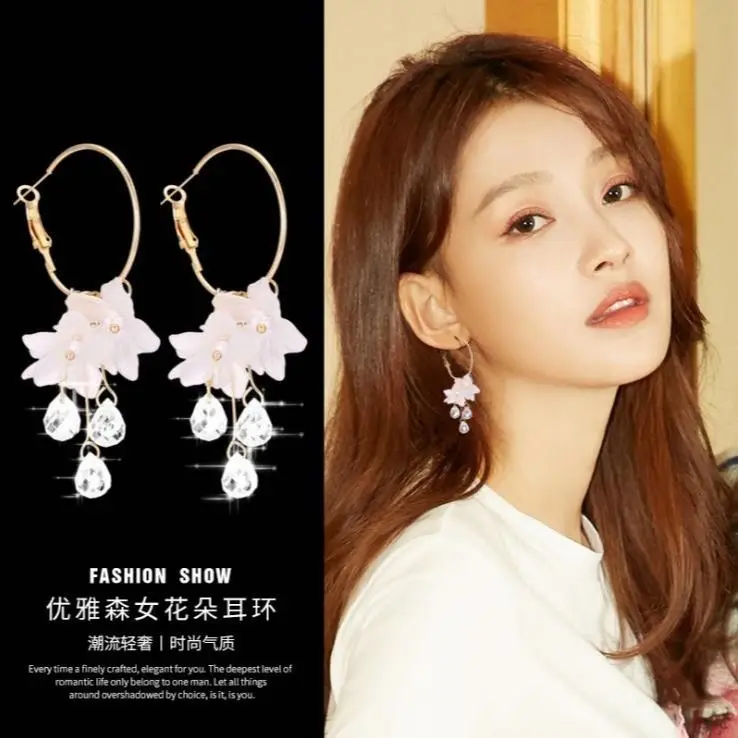 

S925 silver needle exaggerated popular Pearl Crystal Earrings long simple versatile net red Earrings women's Earrings Jewelry