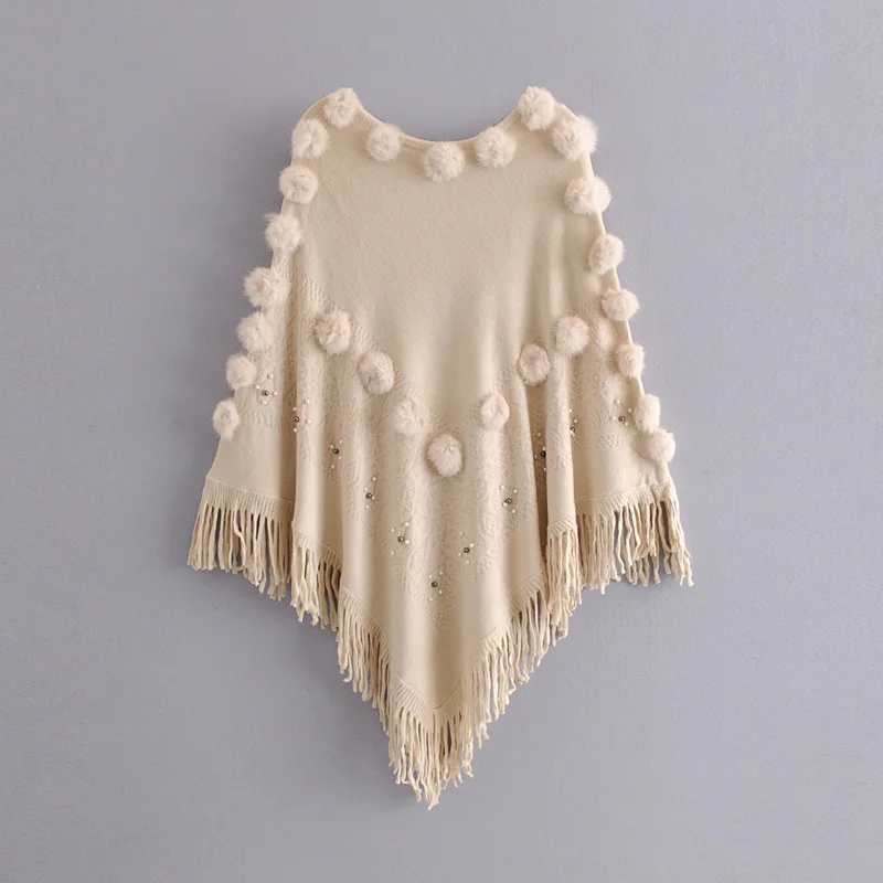 beige AOEMQ, модная женская накидка, милая, зимняя, Рождественская, Подарочная, с пушистым шариком, с кисточками, Свинг, кристалл, украшение, женская одежда - Цвет: beige