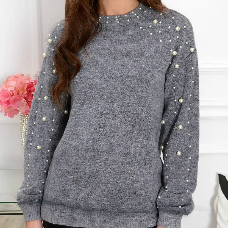 

Autumn Winter Women Fashion Casual Beading Knitted Top Loose Jumper Ladies Warm Basic Pullover Tops Sweater Daily Wear