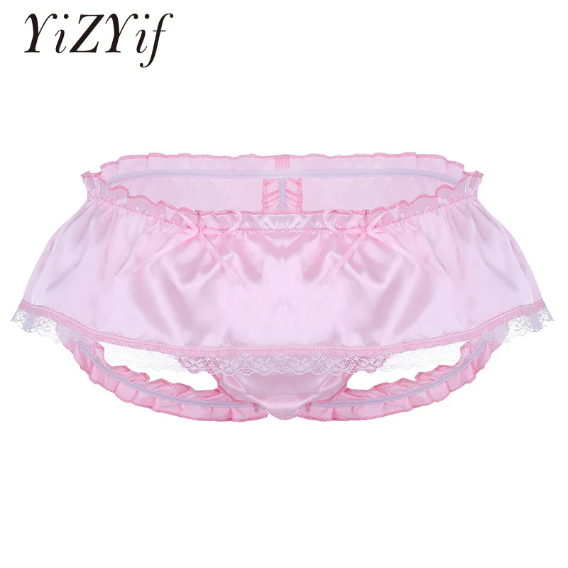 

Men Sissy Panties Underwear Sexy Lingerie Soft Shiny Satin Ruffled 3 Bum Straps Skirted Panties Gay Male Lace Briefs Underpants