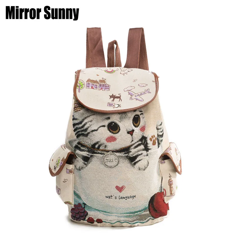

MIRROR SUNNY Casual Canvas Women School Backpack Lovely Cat Printed Drawstring Backpack Large Capacity Ladies School Bag MS-0116