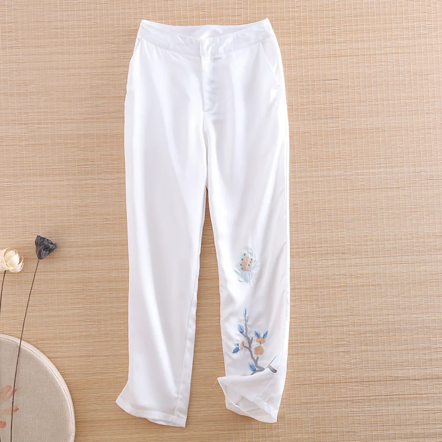 High-end Women Floral Pants Vintage Royal Embroidery Lady Beautiful Summer Casual Trousers Female S-XXL