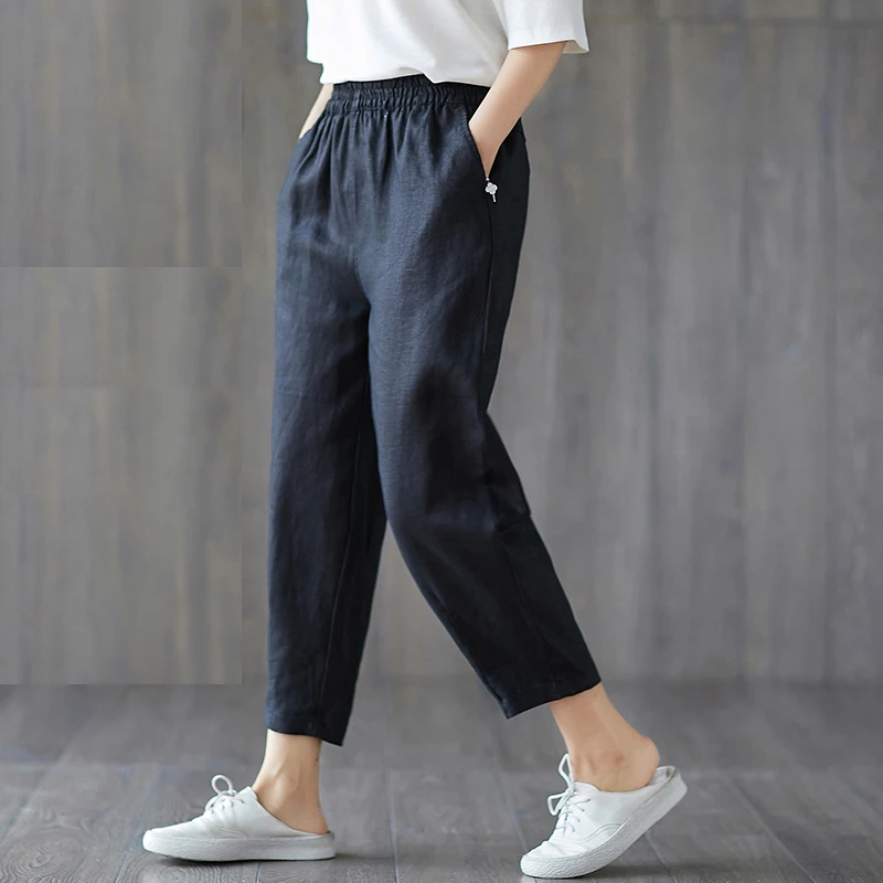 

Spring Casual Pant Women Cotton Linen Pants Plus Size Elastic Waist Loose With Pocket Black Thin Female Trousers White Plain