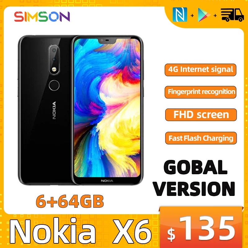 

Nokia X6 с глобальной прошивкой, 6 ГБ, 64 ГБ, экран 5,8 дюйма 19:9 FHD, Восьмиядерный процессор Snapdragon 636, 3060 мАч, камера 16 Мп + 5 МП, идентификация по отпеча...