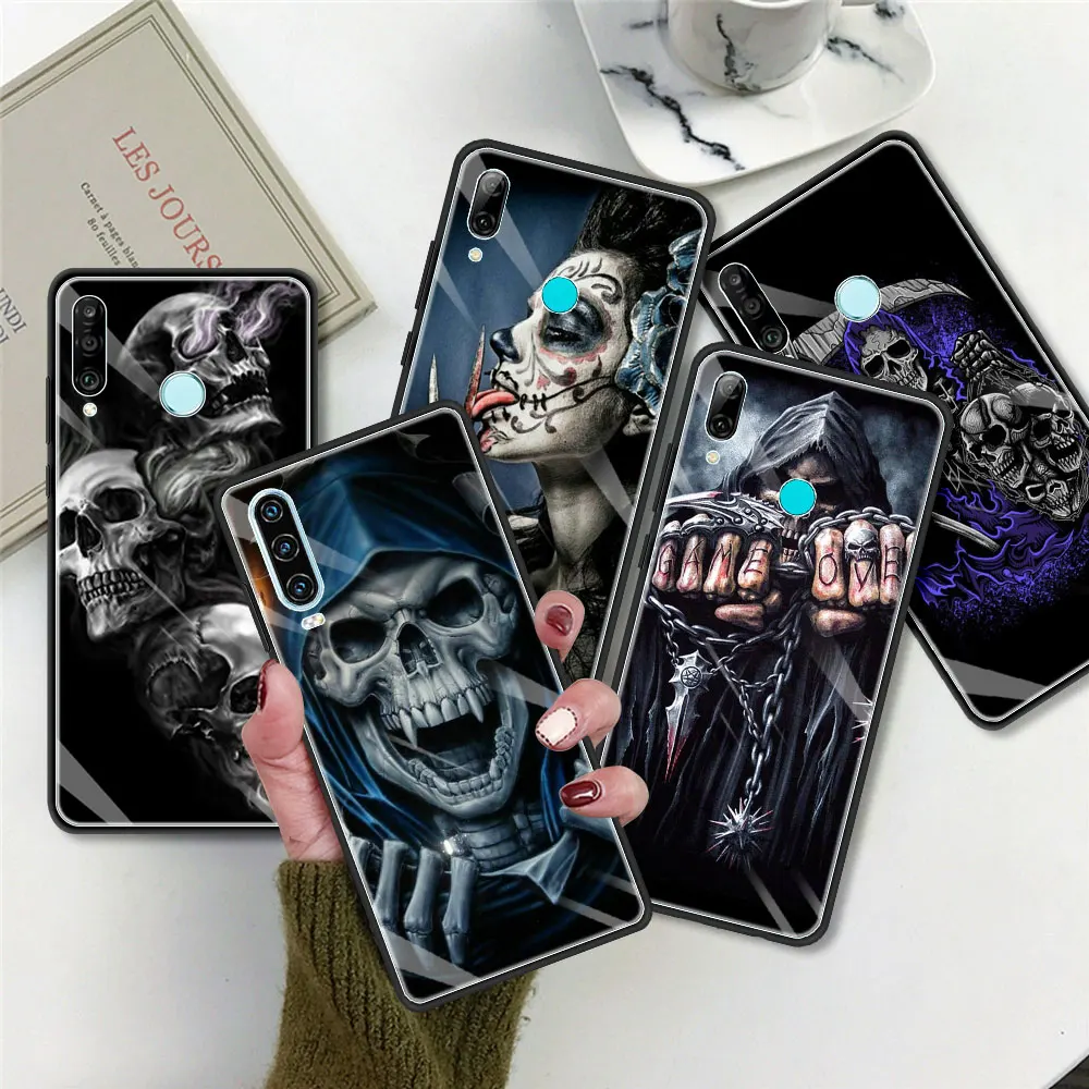 

Grim Reaper Skull Skeleton Tempered Glass Phone Case For Huawei P30 P20 Lite 5G P40 Pro + P Smart Z 2020 2021 Cover Coque Fundas
