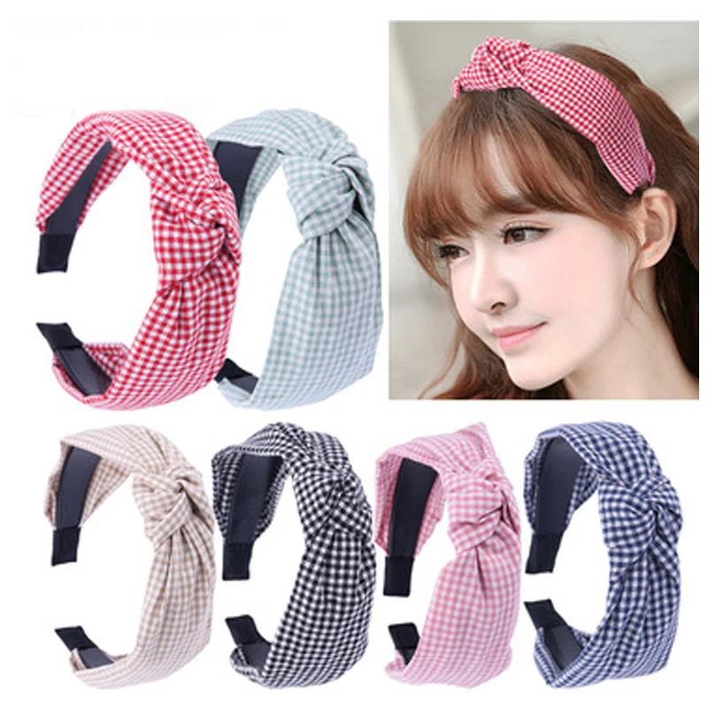 

Cloth Plaid Bow Knot Headband Cross Knot Hairband Elastic Bezel Women Hair Hoops Girls Hair Accessories