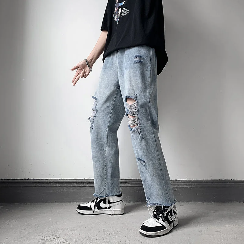 

Ripped Beggar Jeans Trendy Brand Loose Straight Trousers Sports Men Overalls Hiphop Streetwear Washed Retro Denim Pants Thin