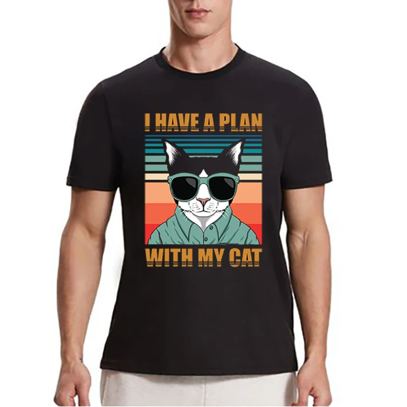 

Футболка мужская с принтом кошки, круглым вырезом и коротким рукавом