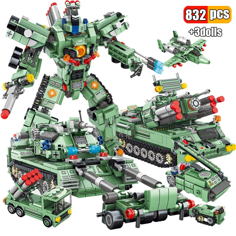 

832Pcs Synthetic Deformation Robot 8in1 Truck Building Blocks High-Tech Military Armored Car Demining Vehicle Model Bricks Gift