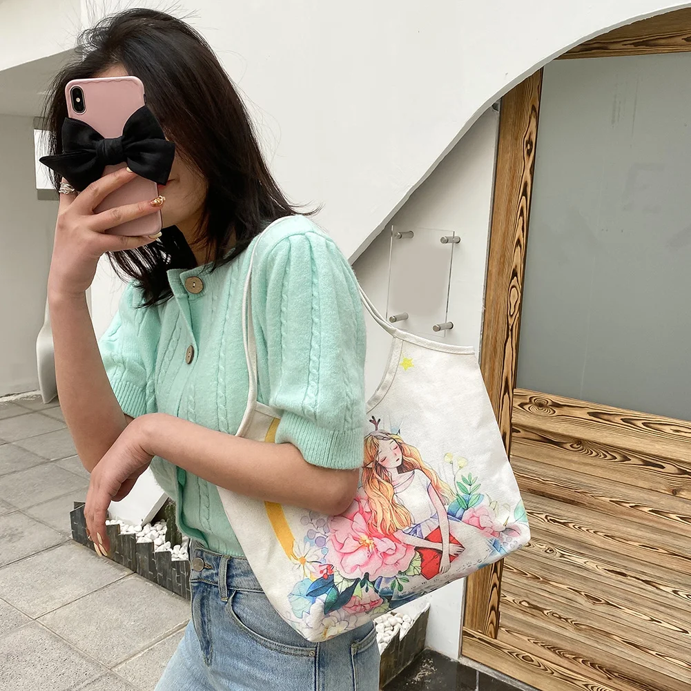 

Новинка 2021, модная винтажная Женская Холщовая Сумка-тоут через плечо с принтом, вместительные сумки