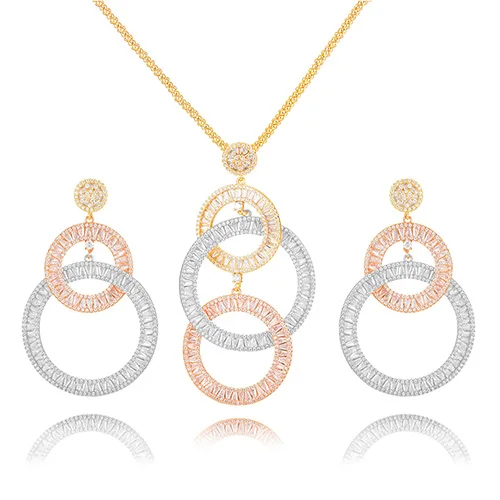 3 Tone GODKI 2PCS Charms Women Wedding Necklace Earring Sets Jewelry Sets For Women Wedding Brides Full Cubic Zirconia Inlaid Jewelry - Окраска металла: 3 Tone