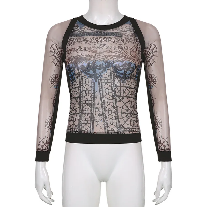 

Women Fashion y2k Mesh Crop Top Retro Print Patchwork See Through Gothic Clothes Dark Academia e girl T-Shirts Outfit Streetwear
