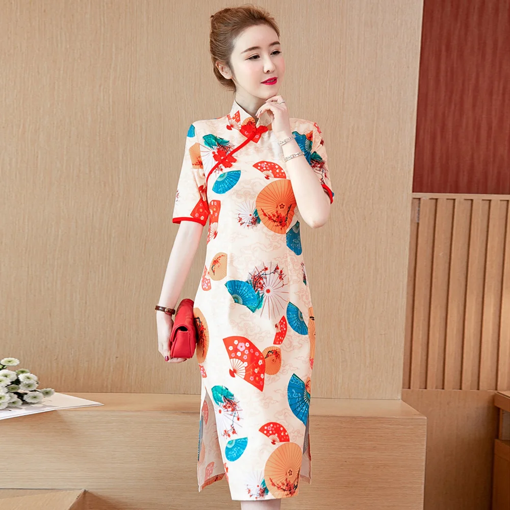 Летнее китайское платье винтажное улучшенное цветочное Ципао женское