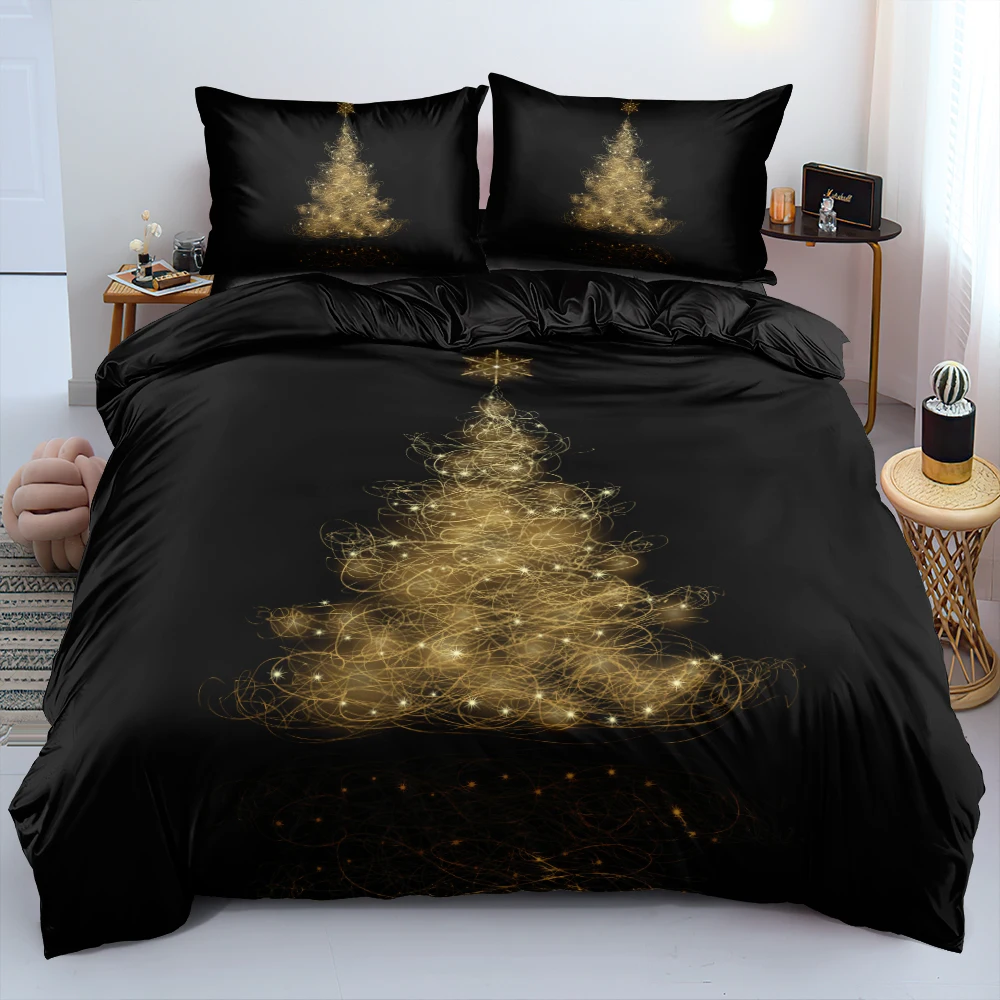 

Christmas Gift Simple Black Duvet Cover Sets Twin Full Queen King Sizes Gold Tree Duvet Cover Pillow Shams New Christmas style