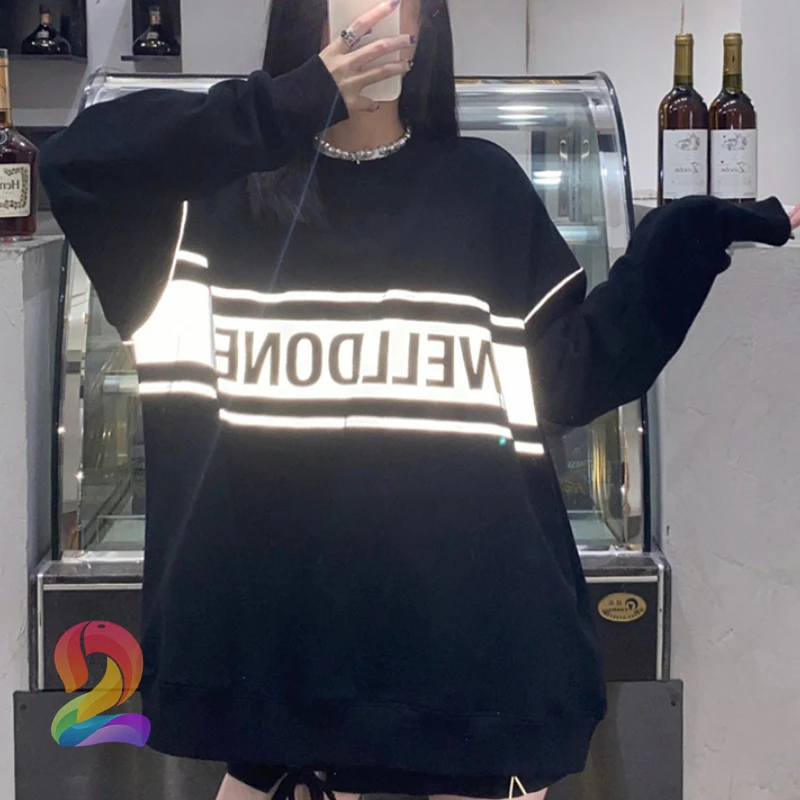

Oversize We11done Sweatshirts Men's Women's Reflective Letter Logo Round Neck Pullover Welldone Fashion Couple Sweatshirts