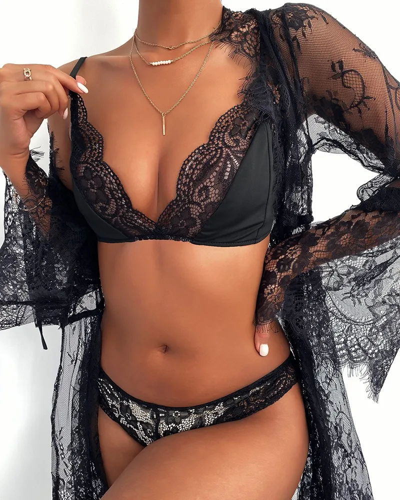 

Eyelash Crochet Lace Sheer Mesh Lingerie & Robe Set
