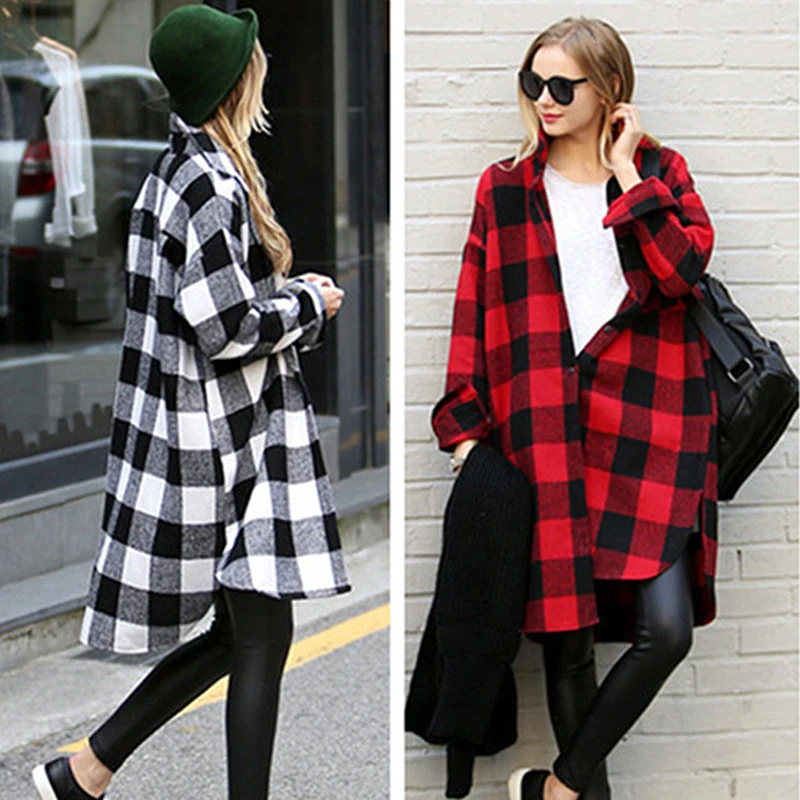 

The new spring European women's dress, retro loose plaid long sleeve shirt