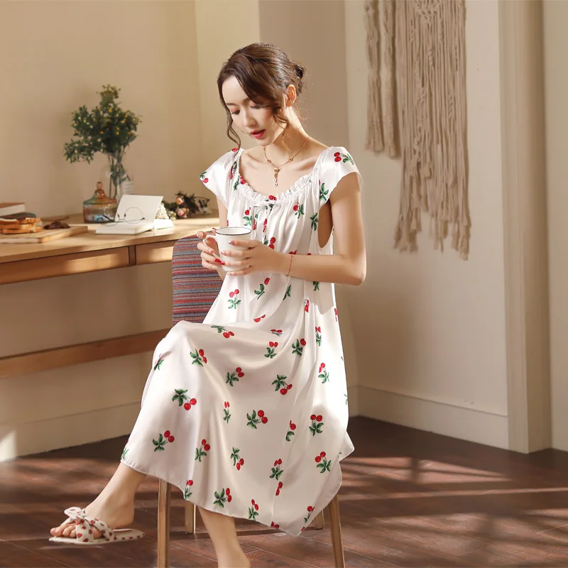 Женская пикантная шелковая ночная рубашка большого размера Повседневная Ночная