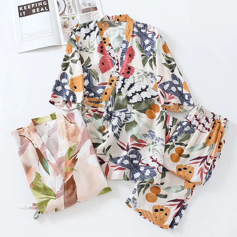 

Japanese-style Kimono Two-piece Suit Female Summer Viscose Three-quarter Sleeve Trousers Pajamas Set Thin Home Service Cover