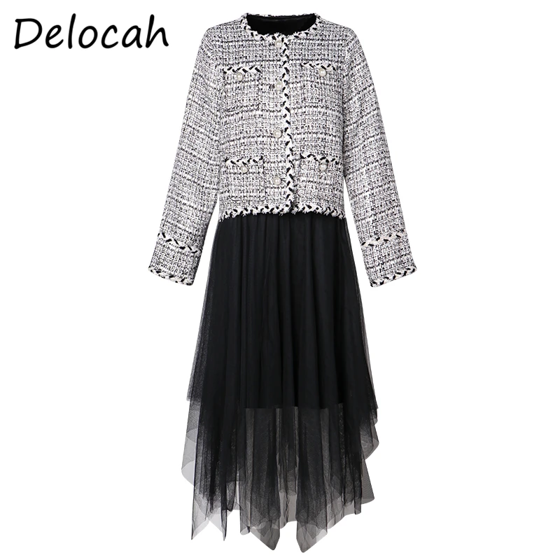 

Delocah Summer Women Fashion RunwaySKirt Set Long Sleeve Pockets Loose Tops + High Waist Mesh Midi Skirts 2 TwoPiecesSuits