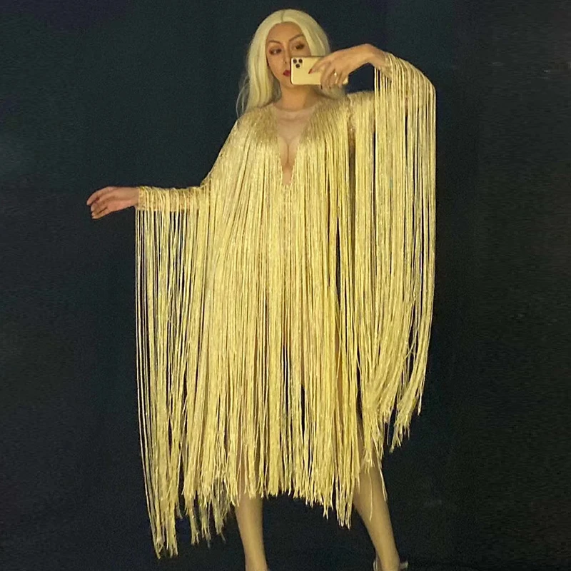 Сексуальное золотистое длинное боди с бахромой костюм для сцены вечерние