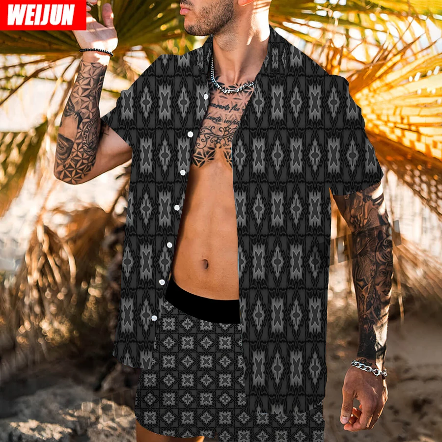 

New men's Hawaiian suit collar print 2021 summer short-sleeved shirt beach shorts street casual men's clothing 2 pieces