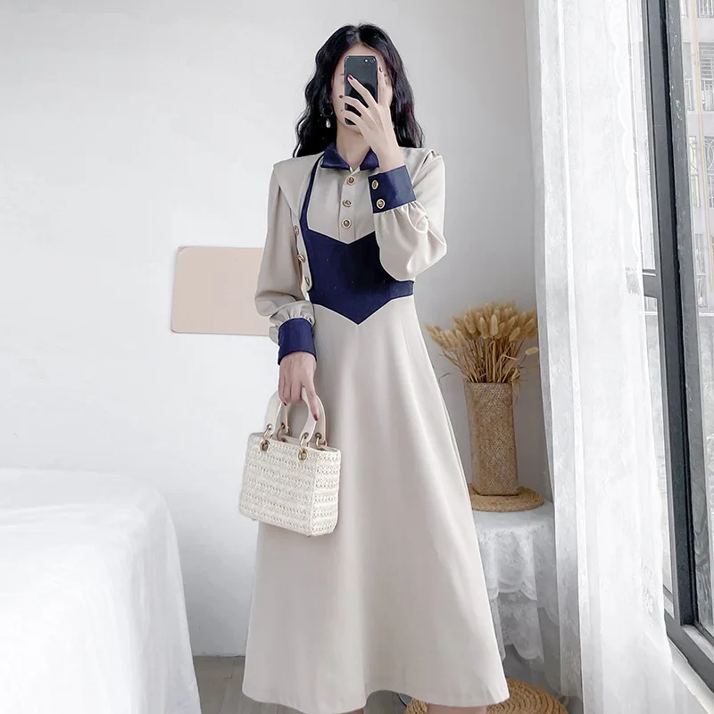 

New Platycodon grandiflorum French new Korean fashion color splicing gentlewomanly high waist slim high-end skirt summer dress
