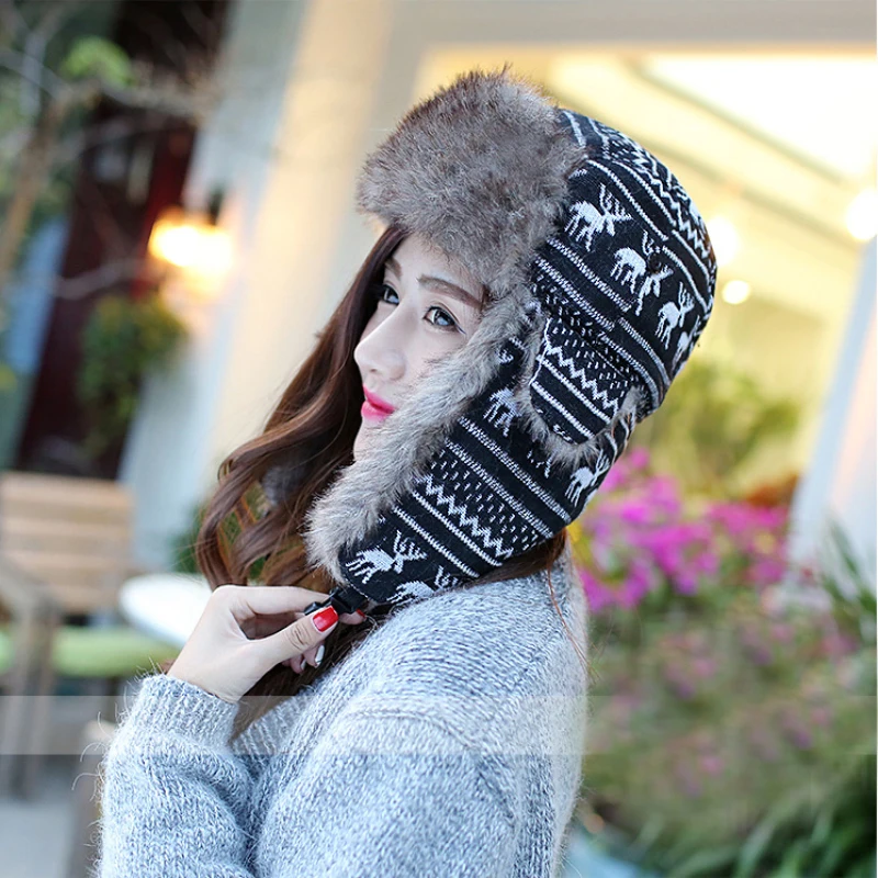 Русская меховая шапка ушанка черный белый цвет бомбер Шапки женский ушами Зимние