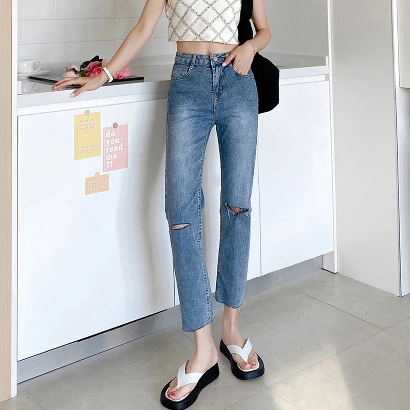 

Winter style New Spring Summer Women High Waist Washed Vintage Blue Skinny Ankle-length Hole Straight Jeans Ladies Denim Pants