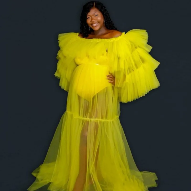 Bright Yellow See Through Maternity Dresses For Photo Shoot Tulle Off The Shouldert Puffy Tiered Sleeves Tulle Dress Women  Robe