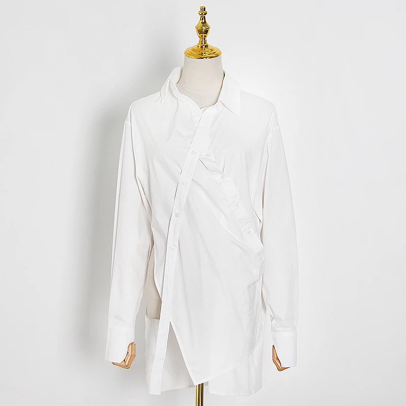

Korean Asymmetric Women's Shirts Lapel Collar Long Sleeve Large Size Casual Summer Blouse For Female 2020 Fashion Tide P407