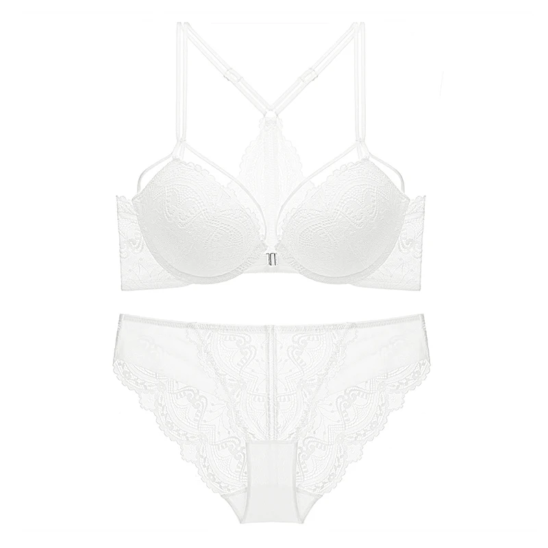 Кружевной бюстгальтер с вышивкой и трусики пуш ап застежкой спереди комплект